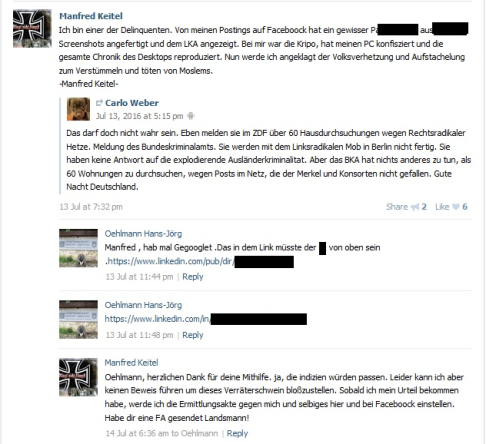 Keitel auf vk.com bestätigt Razzia und kündigt an, den Anzeigeerstatter („Verräterschwein") bloßzustellen